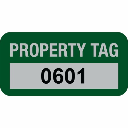 LUSTRE-CAL Property ID Label PROPERTY TAG5 Alum Green 1.50in x 0.75in  Serialized 0601-0700, 100PK 253769Ma1G0601